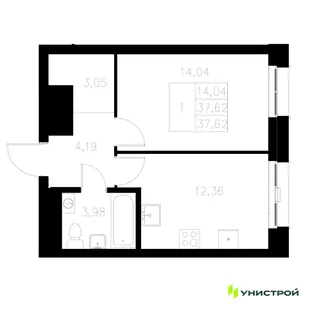 Планировка 1-комн. квартира, 37.62 м² ЖК «Statum»