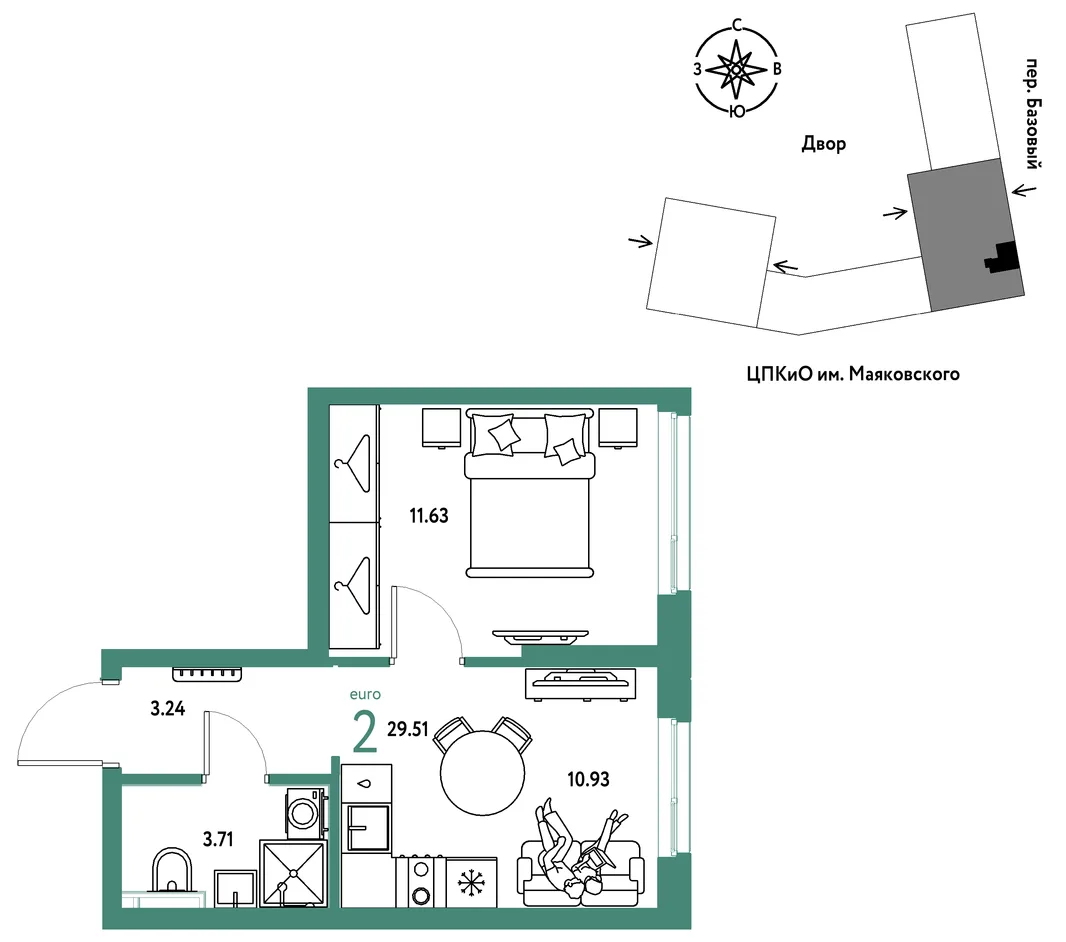 Планировка 2-комн. квартира, 29.51 м² ЖК «Сибирский сад»