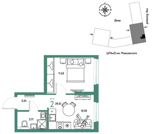 Планировка 2-комн. квартира, 29.51 м² ЖК «Сибирский сад»