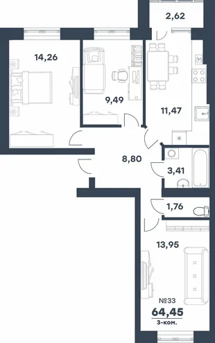 Планировка 3-комн. квартира, 64.45 м² ЖК «мкр. Долина»