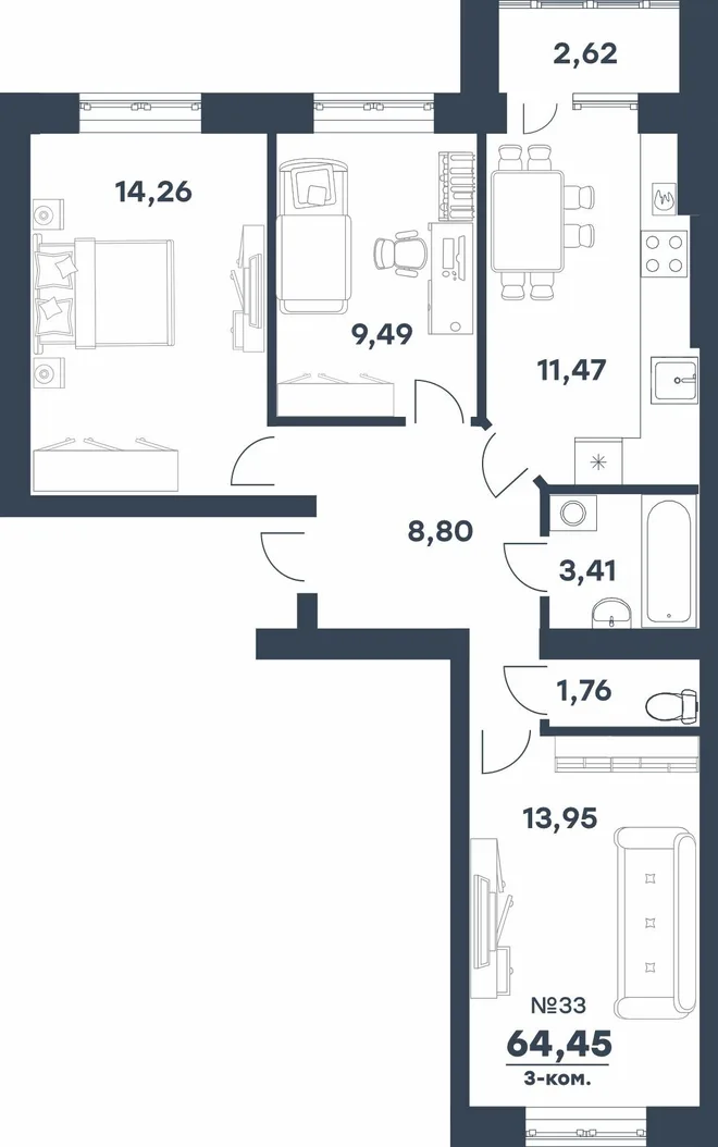 Планировка 3-комн. квартира, 64.45 м² ЖК «мкр. Долина» Планировка 3-комн. квартира, 64.45 м² ЖК «мкр. Долина»