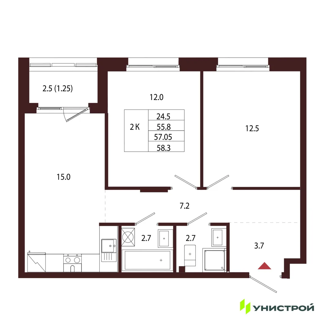 Планировка 2-комн. квартира, 57.05 м² ЖК «Лисино»
