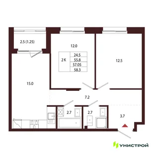 Планировка 2-комн. квартира, 57.05 м² ЖК «Лисино»