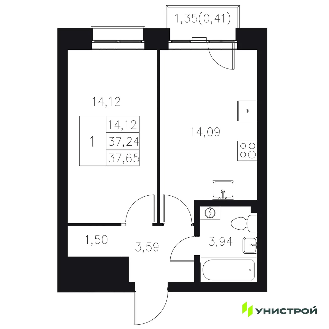 Планировка 1-комн. квартира, 37.65 м² ЖК «Statum»