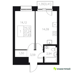 Планировка 1-комн. квартира, 37.65 м² ЖК «Statum»