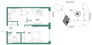 Планировка 2-комн. квартира, 43.42 м² ЖК «Сибирский сад»