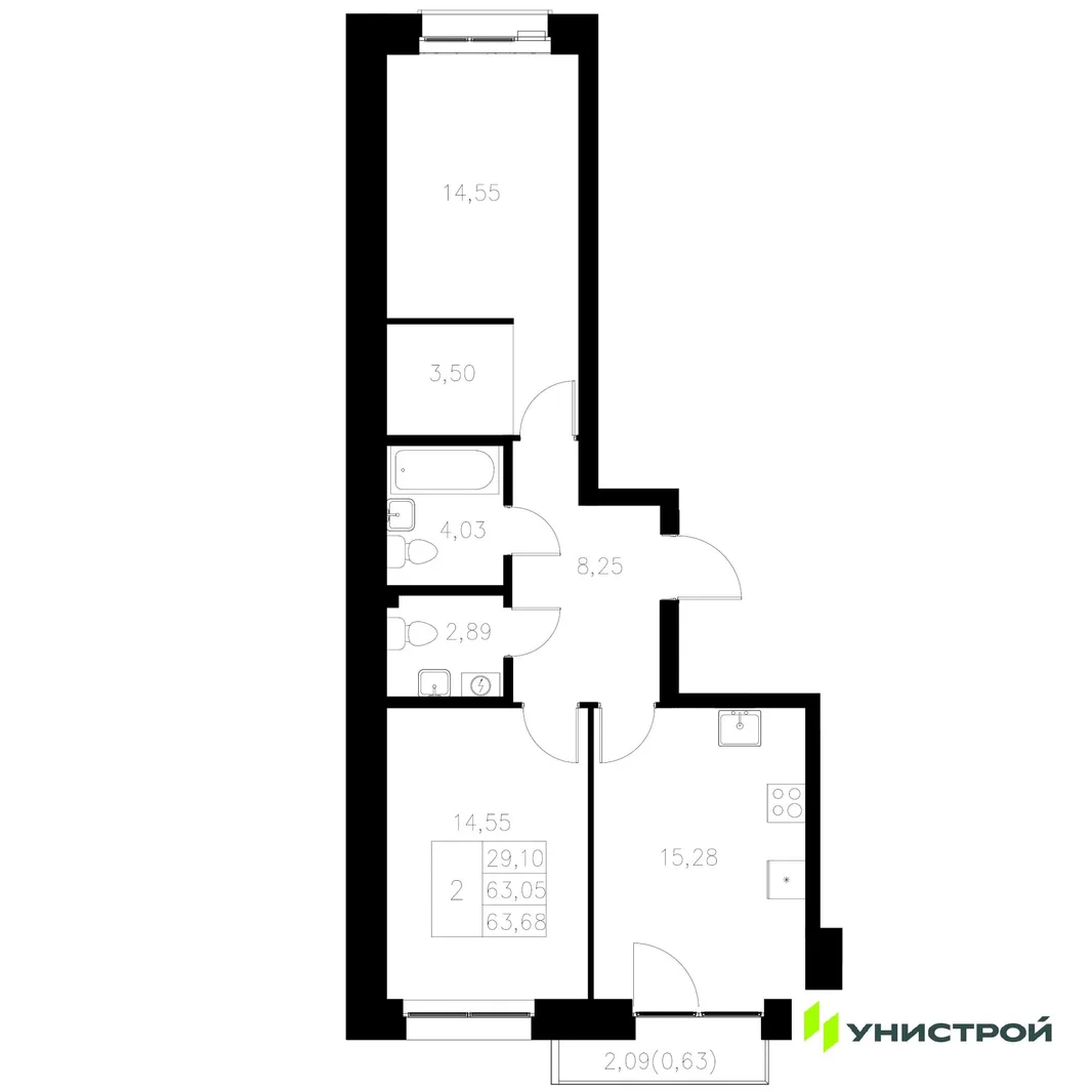 Планировка 2-комн. квартира, 63.68 м² ЖК «Statum»