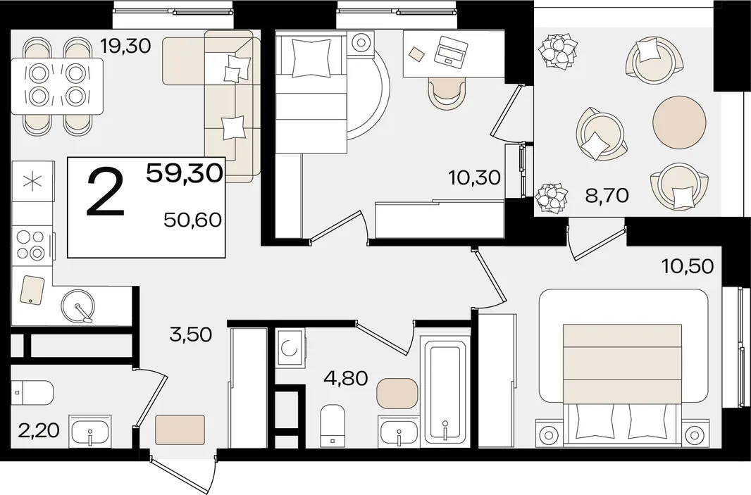 Планировка 2-комн. квартира, 59.3 м² ЖК «Патрики»