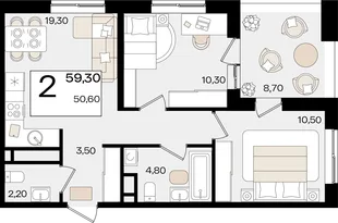 Планировка 2-комн. квартира, 59.3 м² ЖК «Патрики»