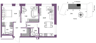 Планировка 3-комн. квартира, 65.74 м² ЖК «Авторский»