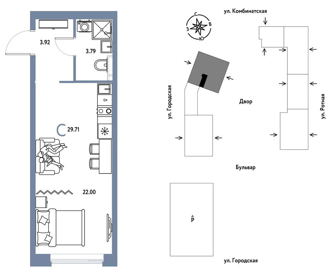 Планировка Студия, 29.71 м² ЖК «Уральский сад»