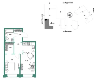 Планировка 2-комн. квартира, 45.64 м² ЖК «Остров-сад»