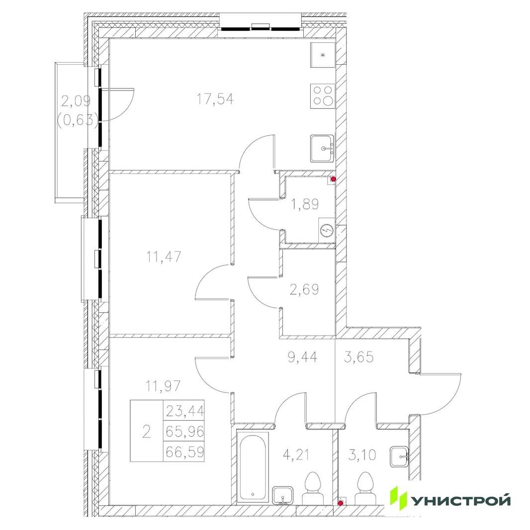 Планировка 2-комн. квартира, 66.59 м² ЖК «Statum»