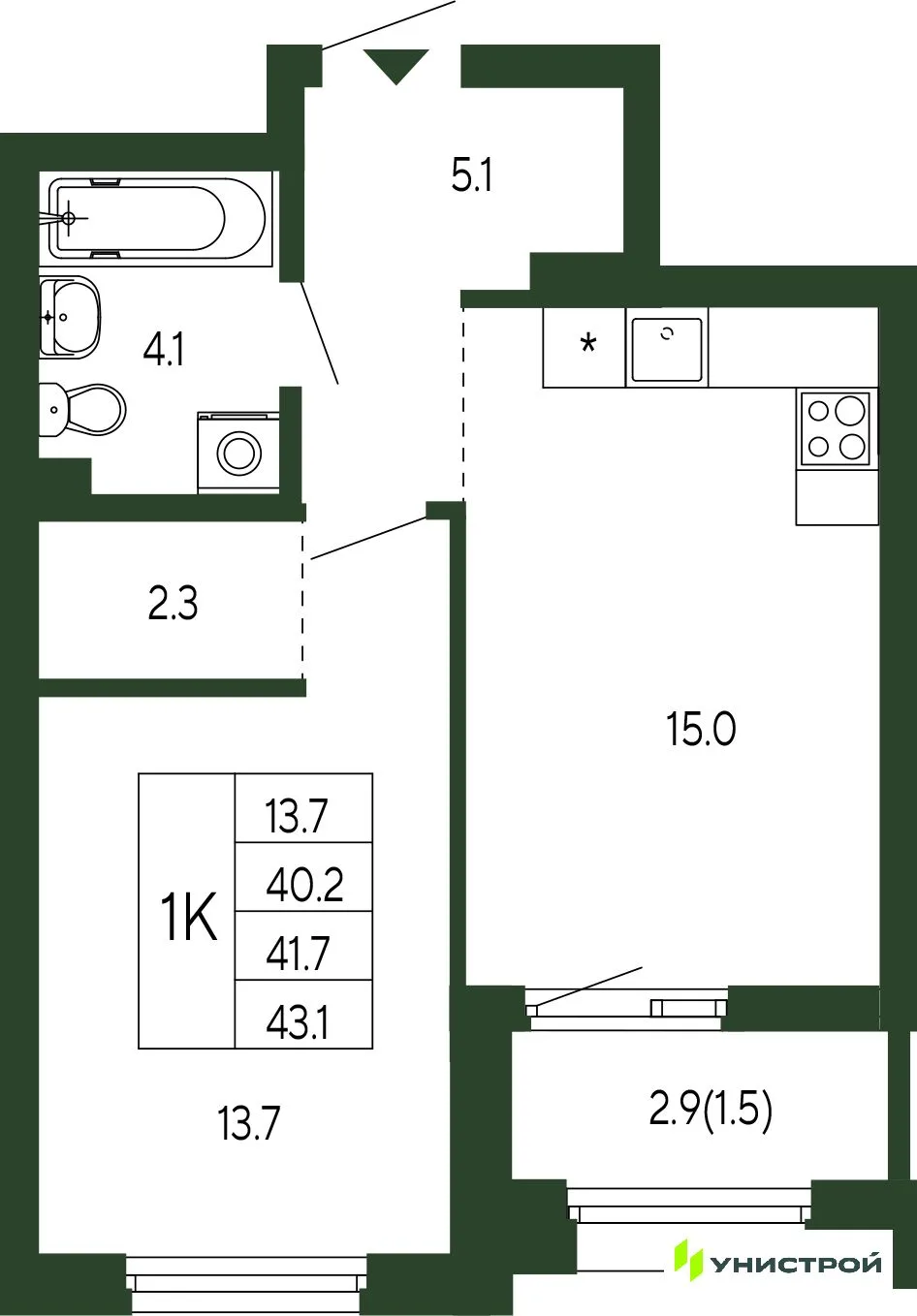 Планировка 1-комн. квартира, 41.7 м² ЖК «Парковый квартал 2.0»