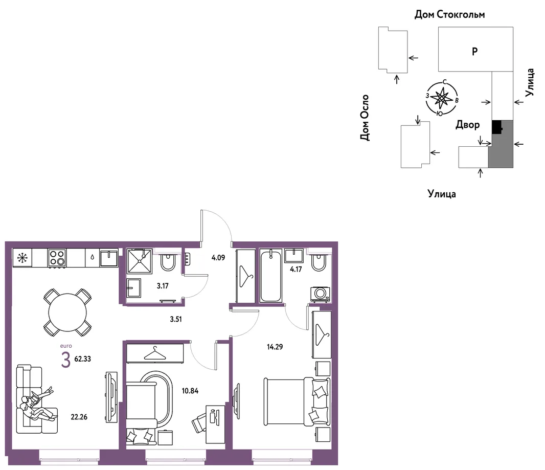 Планировка 3-комн. квартира, 62.33 м² ЖК «Европейский берег 2.0»