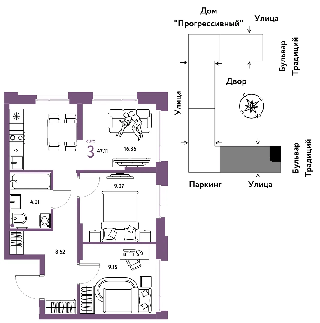 Планировка 3-комн. квартира, 47.11 м² ЖК «Микрорайон Домашний»
