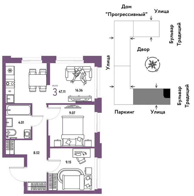Планировка 3-комн. квартира, 47.11 м² ЖК «Микрорайон Домашний» Планировка 3-комн. квартира, 47.11 м² ЖК «Микрорайон Домашний»