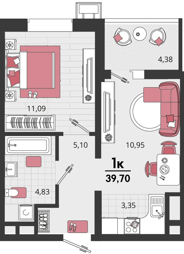 Планировка 2-комн. квартира, 39.7 м² ЖК «Родные просторы»