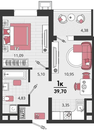 Планировка 2-комн. квартира, 39.7 м² ЖК «Родные просторы»