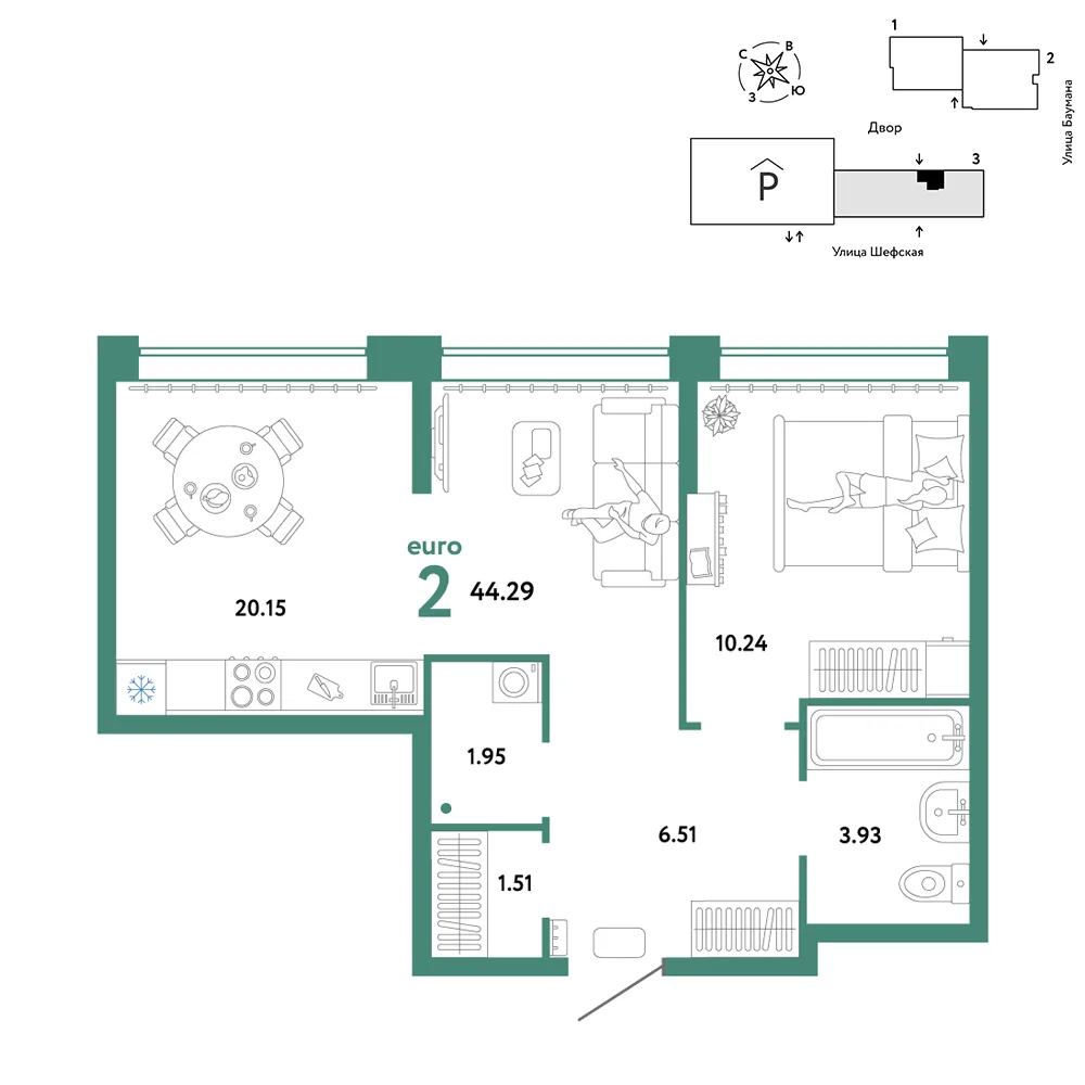 Планировка 2-комн. квартира, 44.29 м² ЖК «Страна.Энтузиастов»