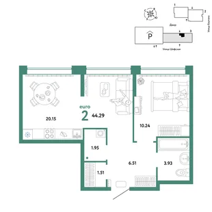 Планировка 2-комн. квартира, 44.29 м² ЖК «Страна.Энтузиастов»