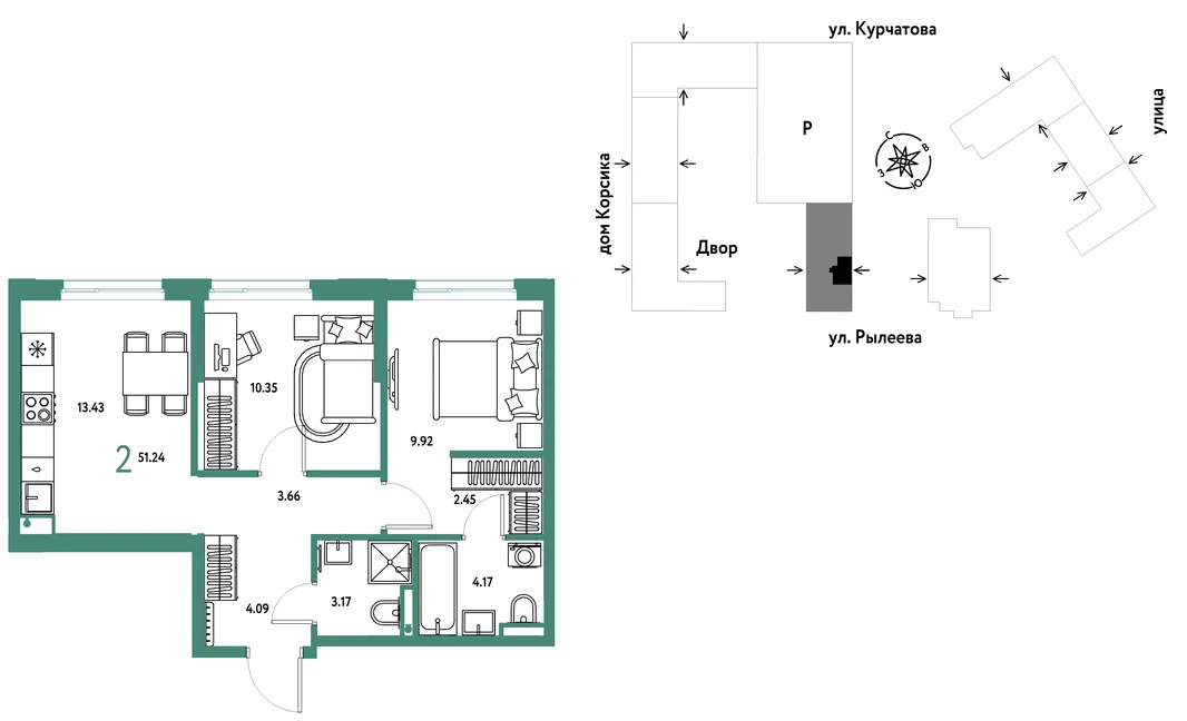 Планировка 2-комн. квартира, 51.22 м² ЖК «Остров-сад»