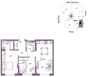 Планировка 3-комн. квартира, 60.24 м² ЖК «Европейский берег 2.0»