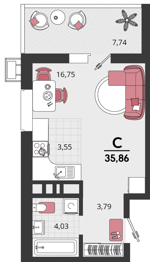 Планировка 1-комн. квартира, 35.86 м² ЖК «Родные просторы»