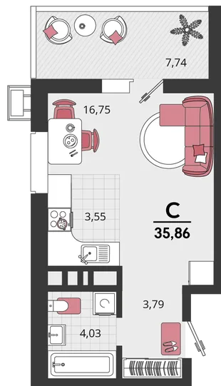 Планировка 1-комн. квартира, 35.86 м² ЖК «Родные просторы»