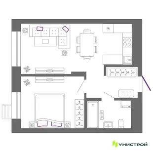 Планировка 1-комн. квартира, 43.2 м² ЖК «Риверсайд»
