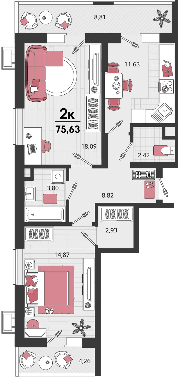 Планировка 2-комн. квартира, 75.63 м² ЖК «Родные просторы»