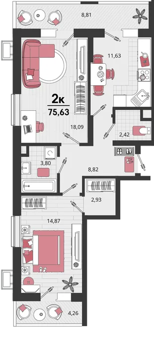 Планировка 2-комн. квартира, 75.63 м² ЖК «Родные просторы»