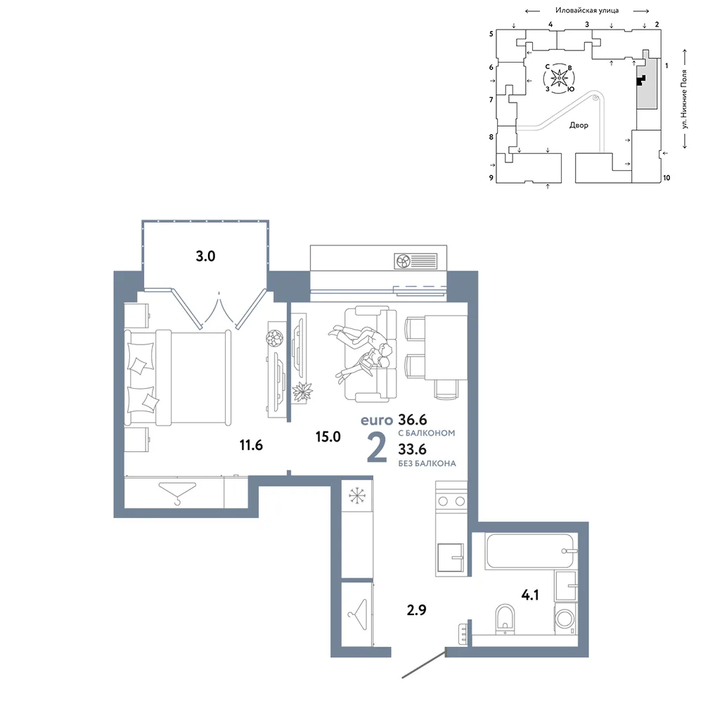 Планировка 2-комн. квартира, 36.6 м² ЖК «Страна.Заречная»