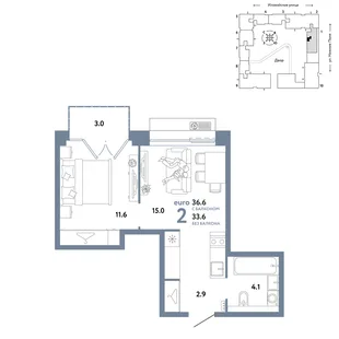 Планировка 2-комн. квартира, 36.6 м² ЖК «Страна.Заречная»