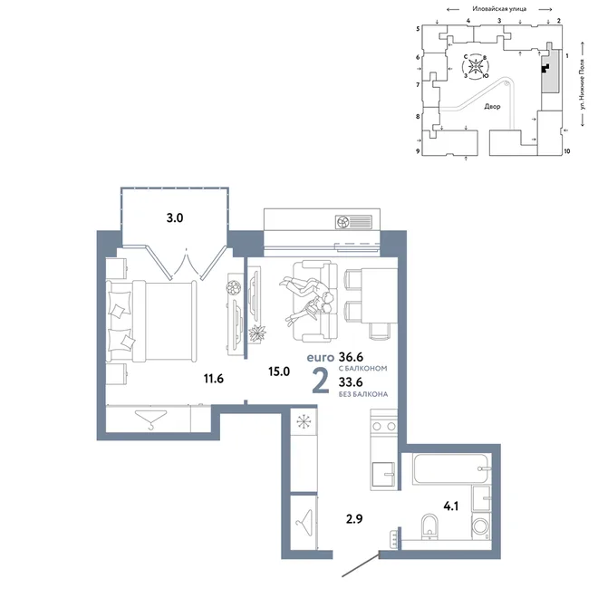 Планировка 2-комн. квартира, 36.6 м² ЖК «Страна.Заречная» Планировка 2-комн. квартира, 36.6 м² ЖК «Страна.Заречная»