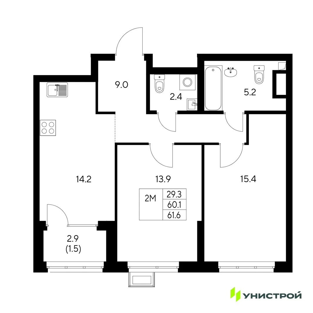 Планировка 2-комн. квартира, 61.6 м² ЖК «Стадиум»