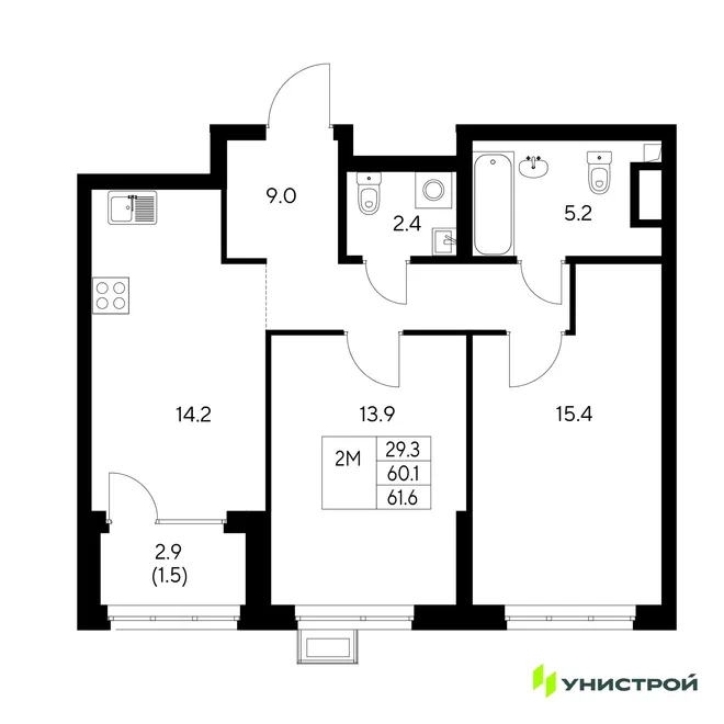 Планировка 2-комн. квартира, 61.6 м² ЖК «Стадиум»
