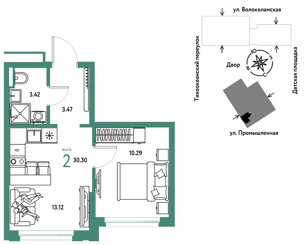 Планировка 2-комн. квартира, 30.3 м² ЖК «Страна Прибрежная»