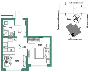 Планировка 2-комн. квартира, 30.3 м² ЖК «Страна Прибрежная»