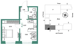 Планировка 2-комн. квартира, 32.37 м² ЖК «Остров-сад»