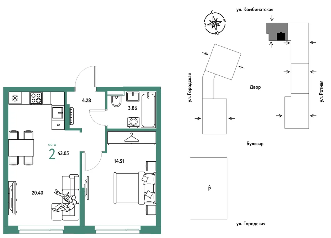 Планировка 2-комн. квартира, 43.05 м² ЖК «Уральский сад»