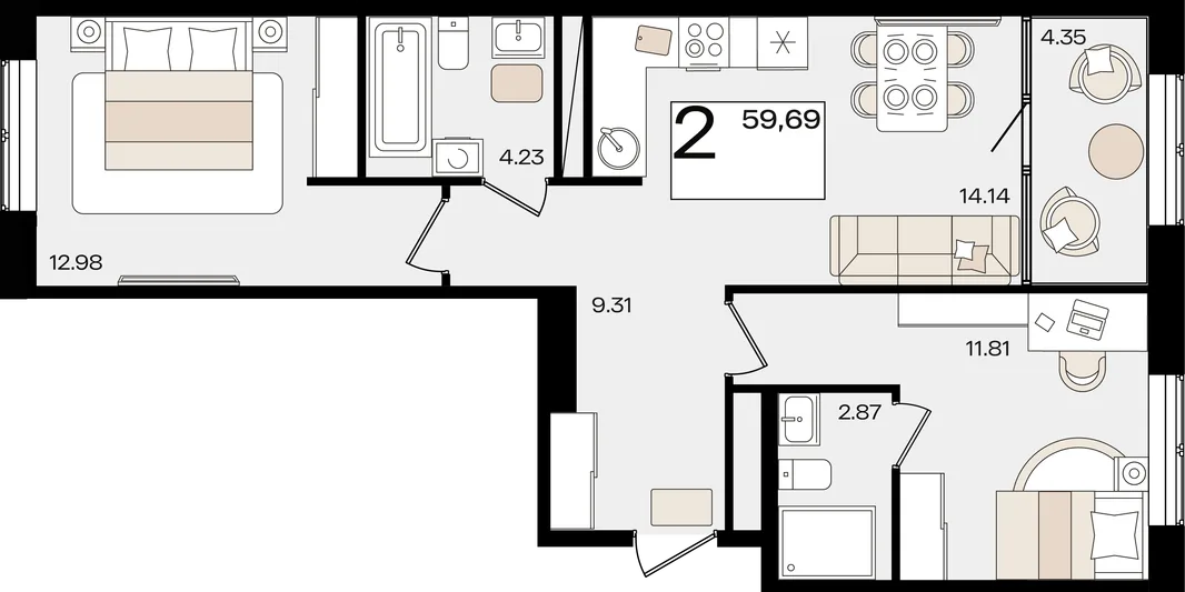 Планировка 2-комн. квартира, 59.47 м² ЖК «Патрики»