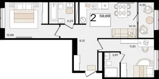 Планировка 2-комн. квартира, 59.47 м² ЖК «Патрики»