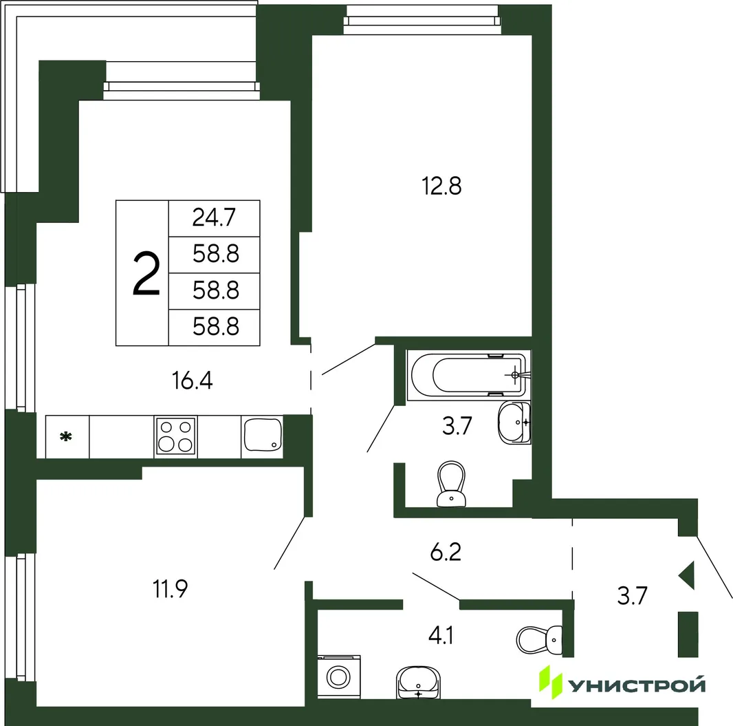 Планировка 2-комн. квартира, 58.8 м² ЖК «Парковый квартал 2.0»