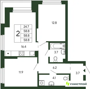 Планировка 2-комн. квартира, 58.8 м² ЖК «Парковый квартал 2.0»
