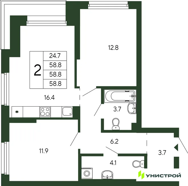 Планировка 2-комн. квартира, 58.8 м² ЖК «Парковый квартал 2.0» Планировка 2-комн. квартира, 58.8 м² ЖК «Парковый квартал 2.0»