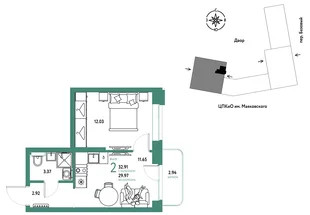 Планировка 2-комн. квартира, 32.91 м² ЖК «Сибирский сад»