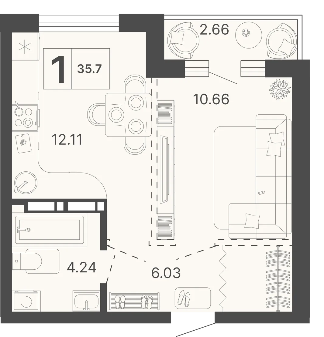 Планировка 1-комн. квартира, 35.7 м² ЖК «Светский лес»