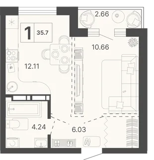 Планировка 1-комн. квартира, 35.7 м² ЖК «Светский лес»