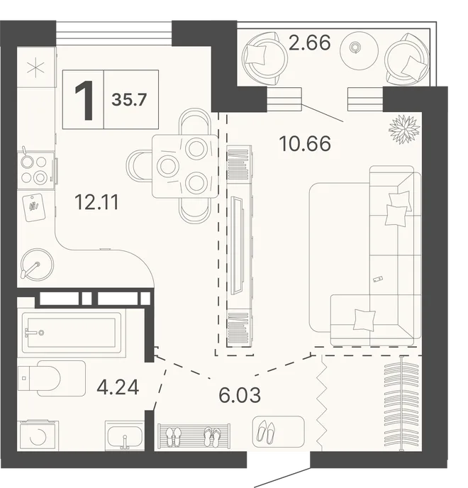 Планировка 1-комн. квартира, 35.7 м² ЖК «Светский лес»